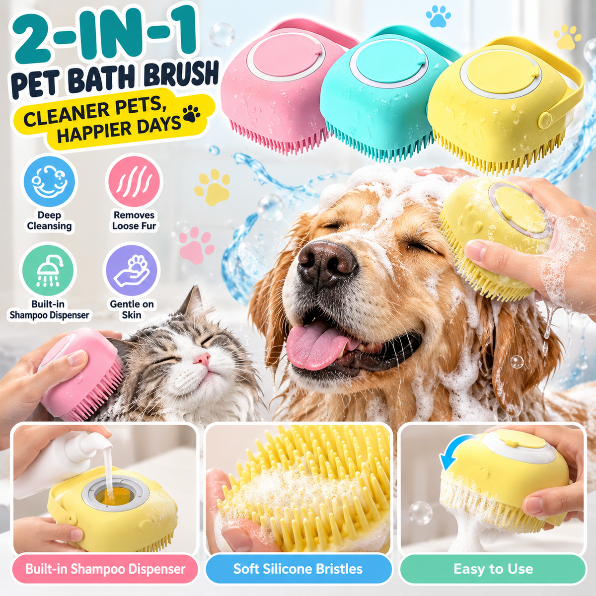 2-in-1 Pet Bath Brush with Shampoo Dispenser – Soft Silicone Grooming Brush for Dogs & Cats