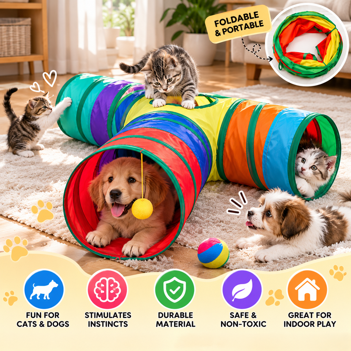 Interactive Cat Tunnel – Foldable Indoor Play Tube with Hanging Ball