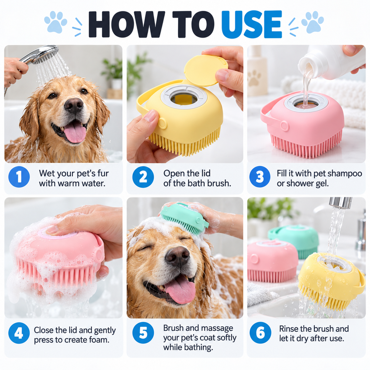 2-in-1 Pet Bath Brush with Shampoo Dispenser – Soft Silicone Grooming Brush for Dogs & Cats