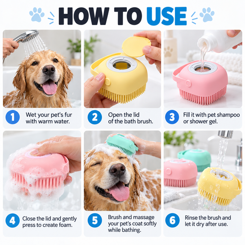 2-in-1 Pet Bath Brush with Shampoo Dispenser – Soft Silicone Grooming Brush for Dogs & Cats